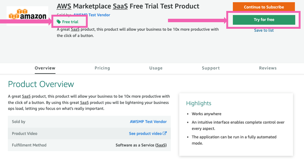 SaaS free trial demo product's product detail page