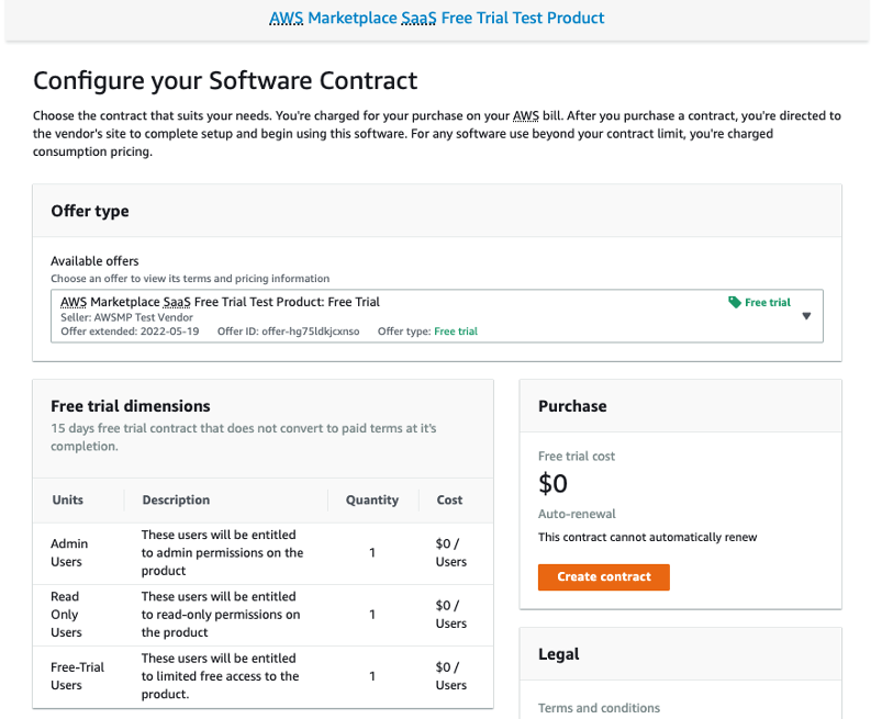 SaaS free trial demo product's free trial offer selection page