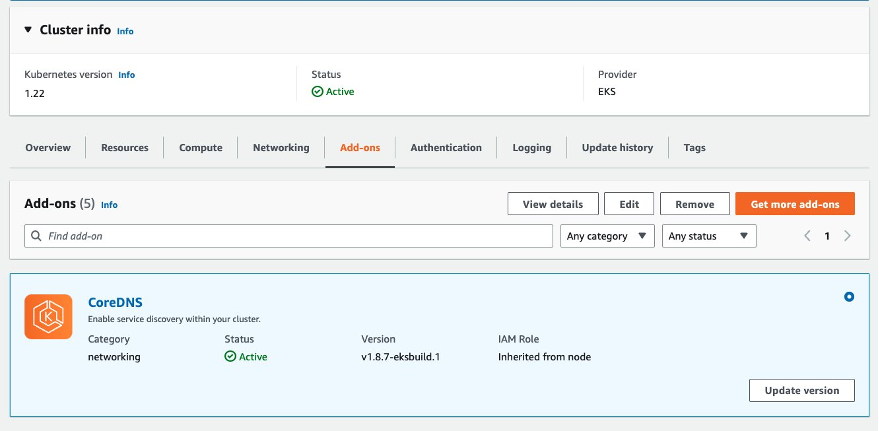 Screenshot showing eks cluster info page with Add-on tab selected. CoreDNS Add-on under networking category is displayed with active status