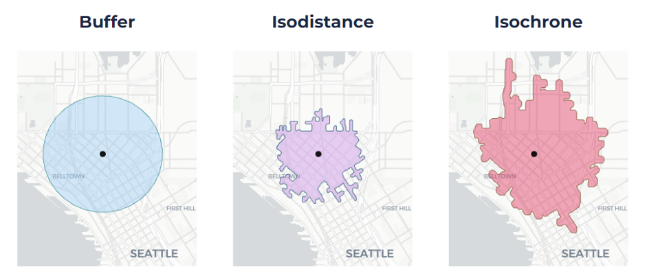 Buffer map showing location of Amazon Spheres in SeattleIsodistance map showing same locational dot, Isochrone map showing the same locational dot 