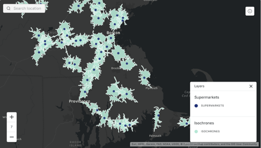 dark isochrone basemap covering supermarkets in eastern part of Massachusetts