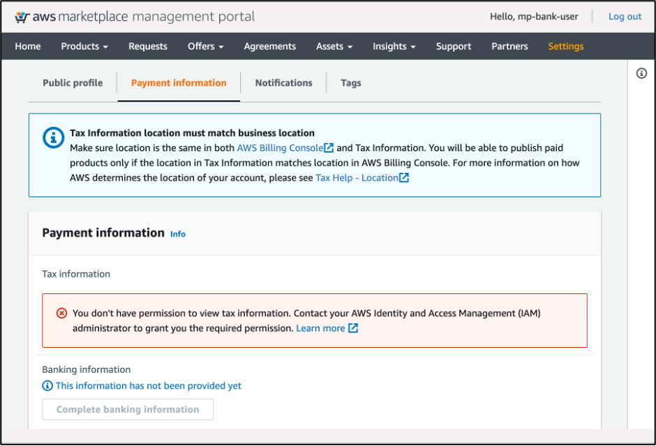 AMMP console when logged into the bank account user account.
