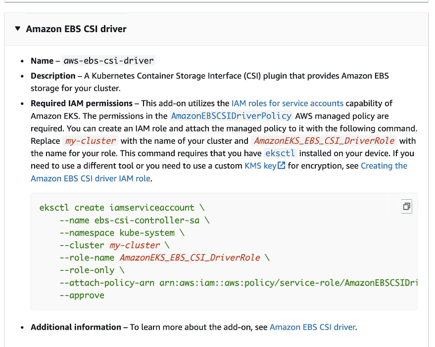 Diagram shows installation details and prerequisites for Amazon EBS CSI Driver on Amazon EKS addon documentation page.