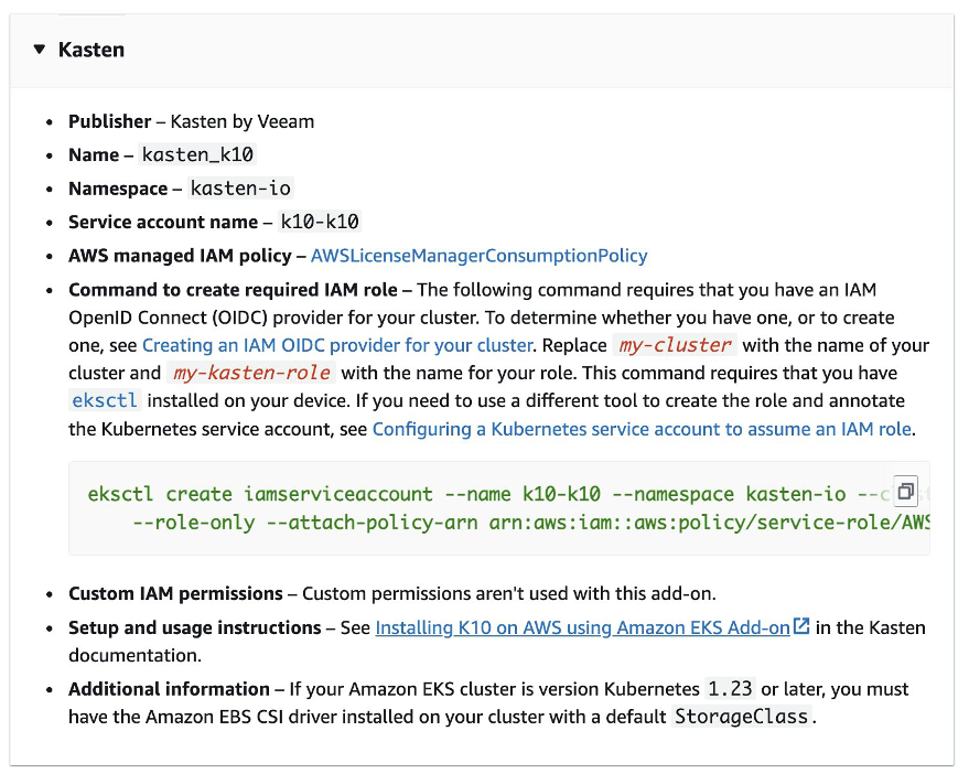 Diagram shows Kasten K10 Addon documentation inside Amazon EKS Addon documentation page. Diagram shows the service account name k10_k10, the eksctl command for creating the IRSA role with AWSLicenseManagerConsumption policy.