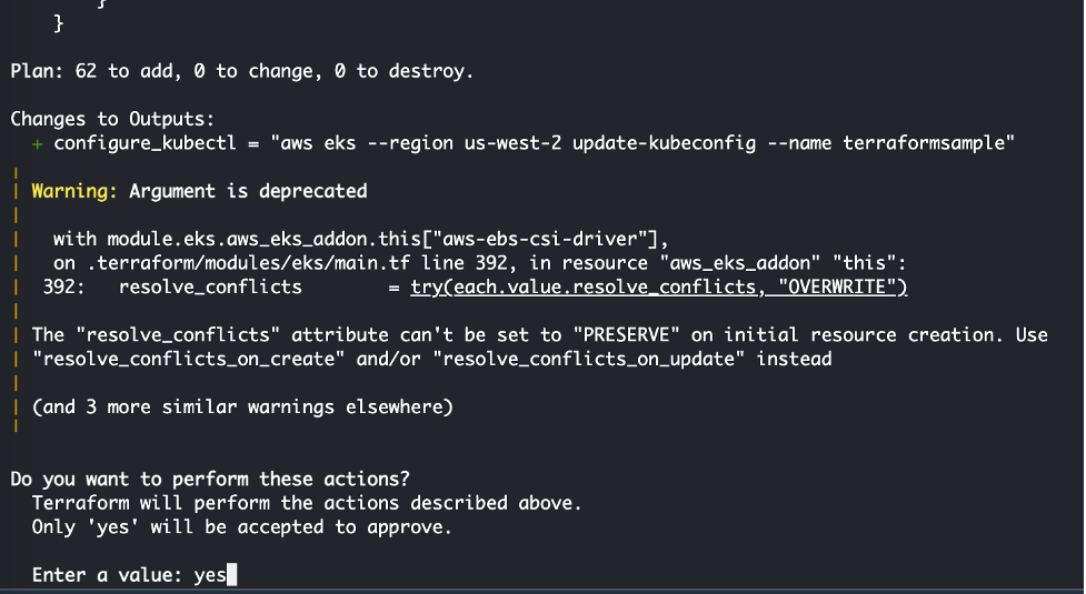 Diagram shows AWS Cloudshell with results of terraform apply command with a prompt for applying or deploy changes.