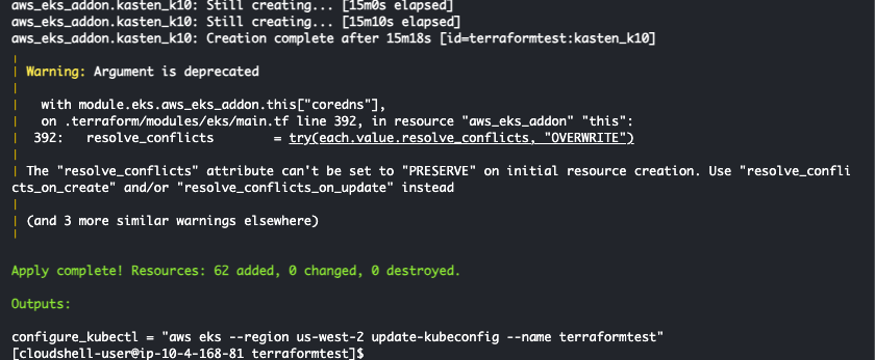 Diagram shows AWS Cloudshell with the message from Terraform on successful creation of 62 resources.
