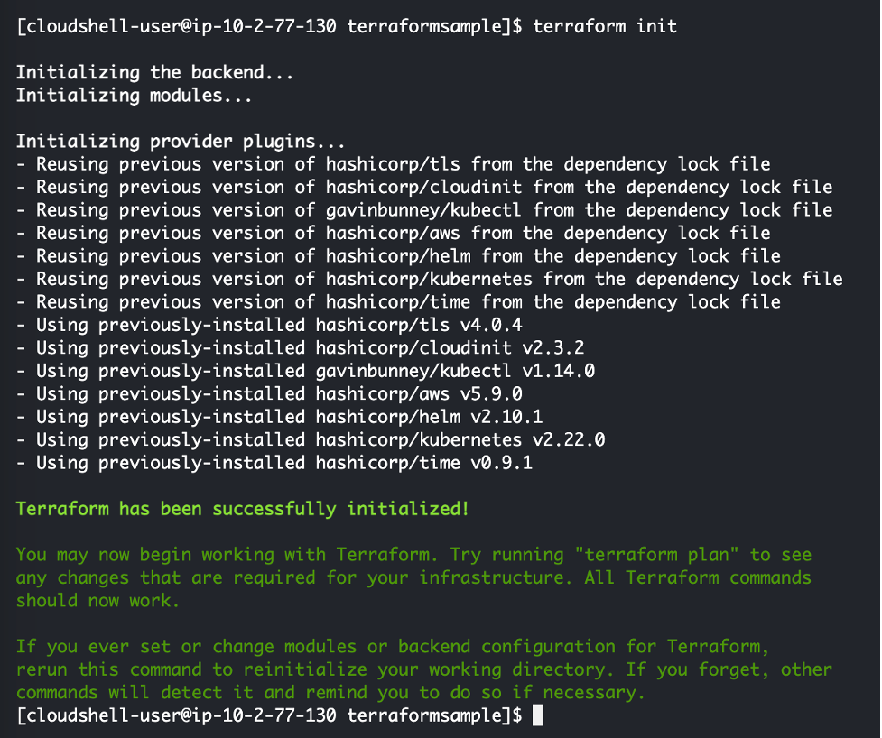 Diagram shows AWS Cloud shell cli with output terraform init command