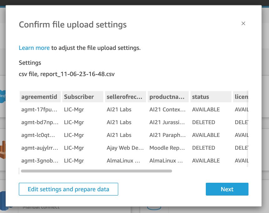 quicksight file confirmation window