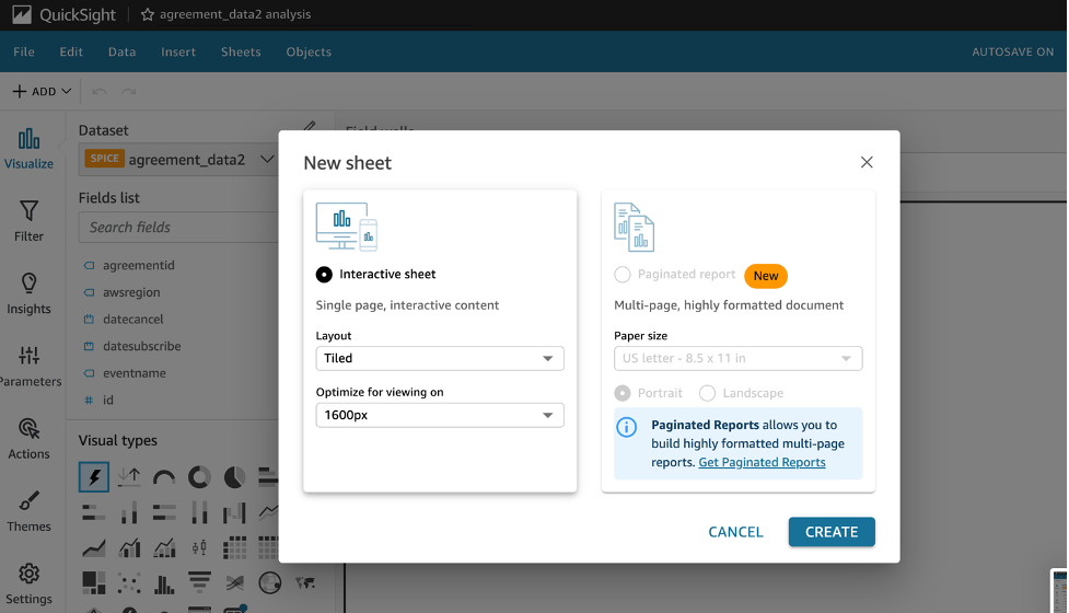 Shows the quicksight new sheet window