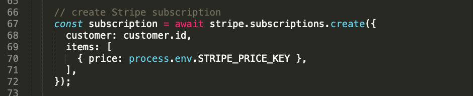 Code to create a subscription in Stripe