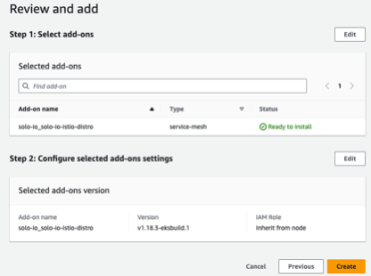 Review addon page showing the configured addon details for reviewing before installation.