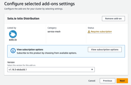 Configure addon page showing a "Requires Subscription" status if there is NO active AWS Marketplace subscription for the solo.io addon.