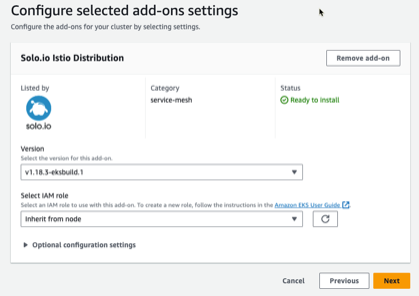 Configure addon page showing a "Ready to Install" status if there is an active AWS Marketplace subscription for the solo.io addon.