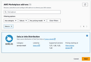 Shows Solo's Addon filtered by vendor name in AWS marketplace addons section and selected 