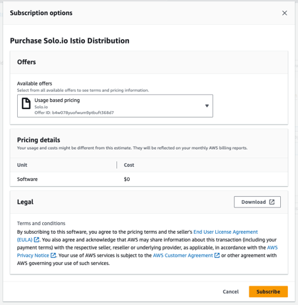 AWS Marketplace Subscription widget showing the offers available for the solo.io addon product along with links for downloading End User license agreement. Widget also shows a "Subscribe" button for completing the subscription.