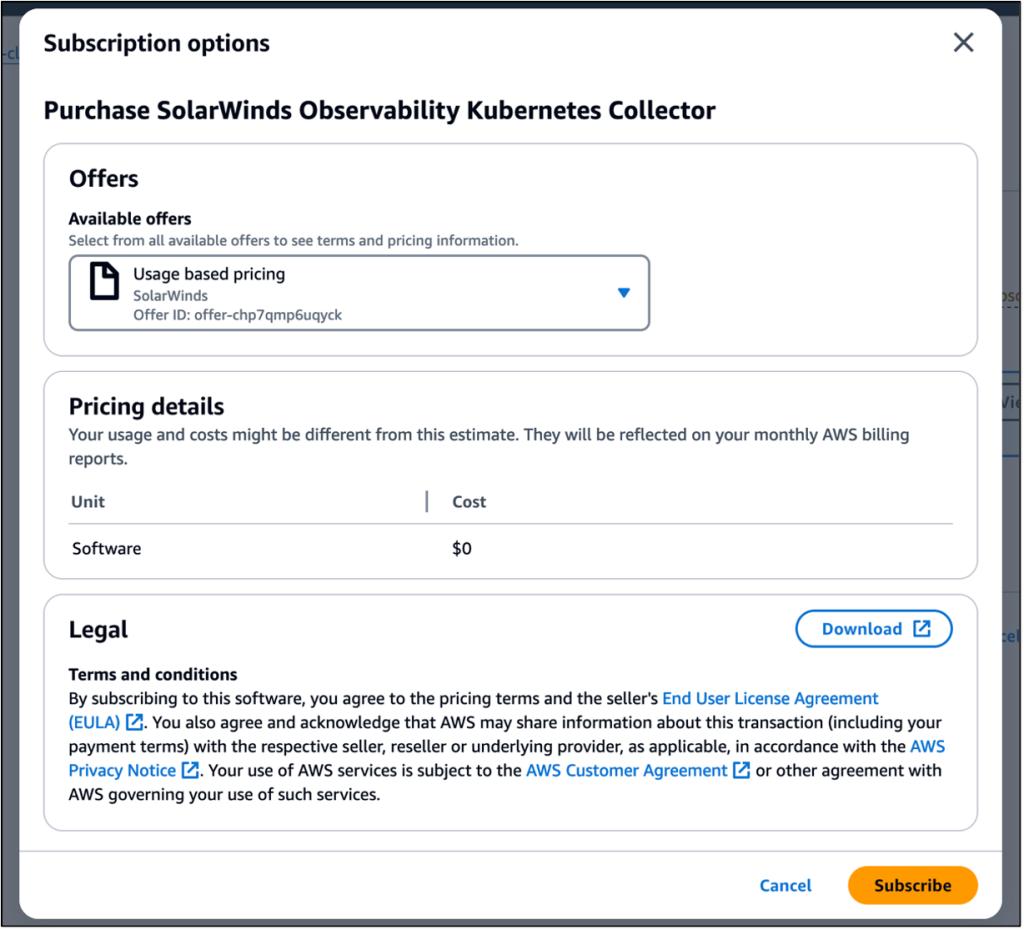 SolarWinds EKS add-on subscription agreement