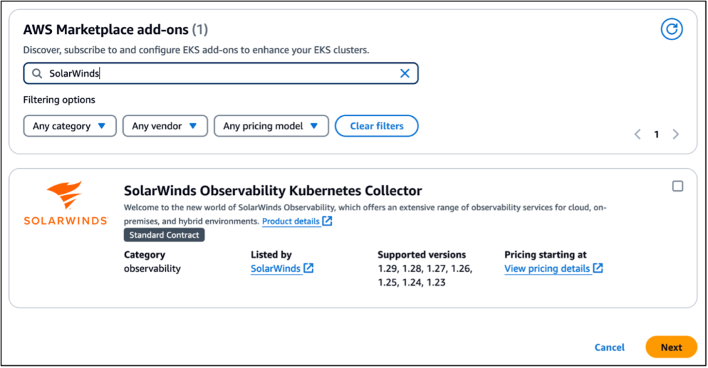 AWS EKS add-on search in AWS Marketplace