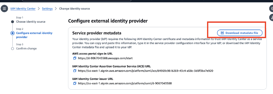IAM Identity Center screen to download the metadata