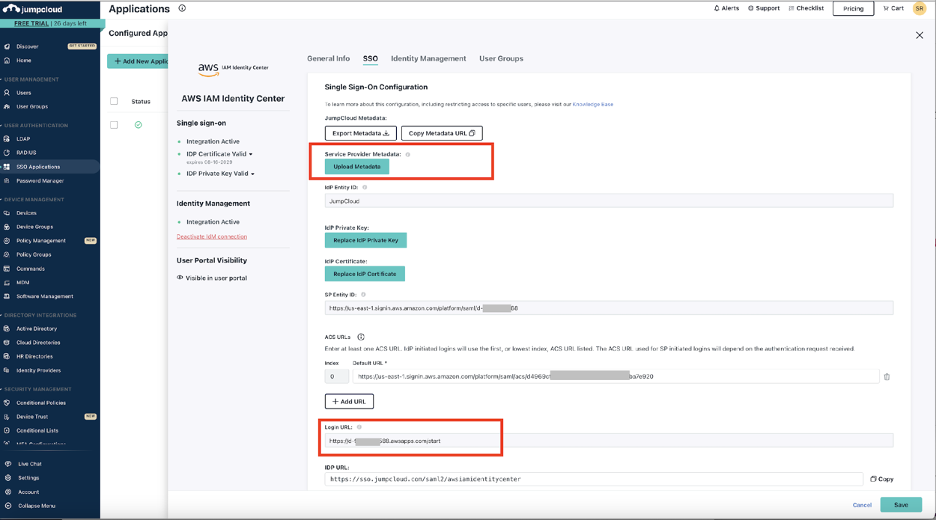 JumpCloud console to set up IAM Identity Center