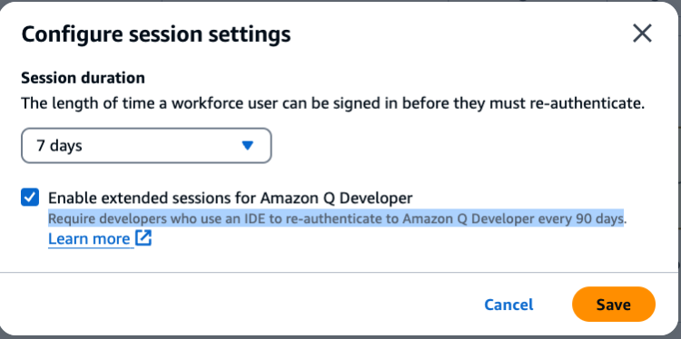 IAM Identity Center screen to set up extended sessions for Amazon Q Developer