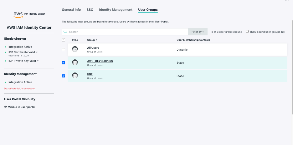 JumpCloud console to sync users and groups through SCIM to IAM Identity Center
