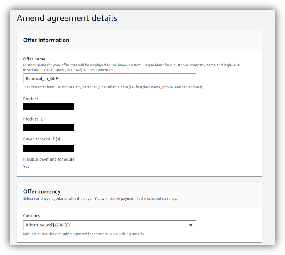 Amending a private offer with a new currency