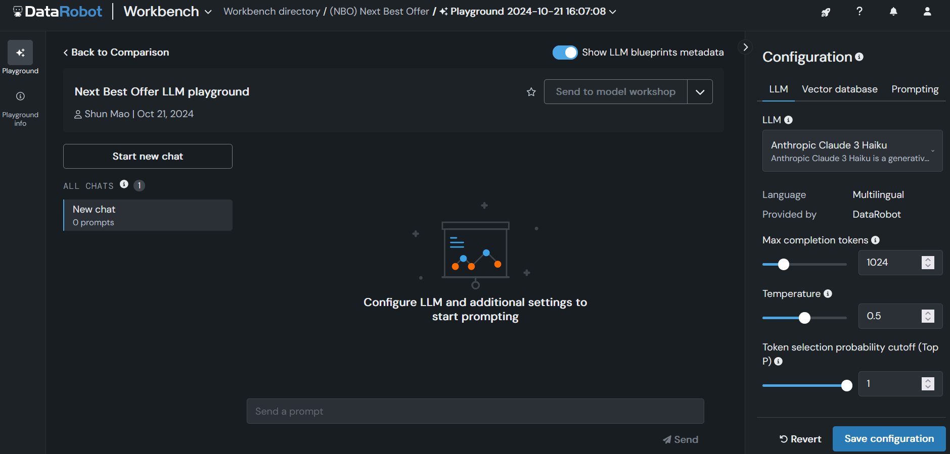 DataRobot LLM playground UI