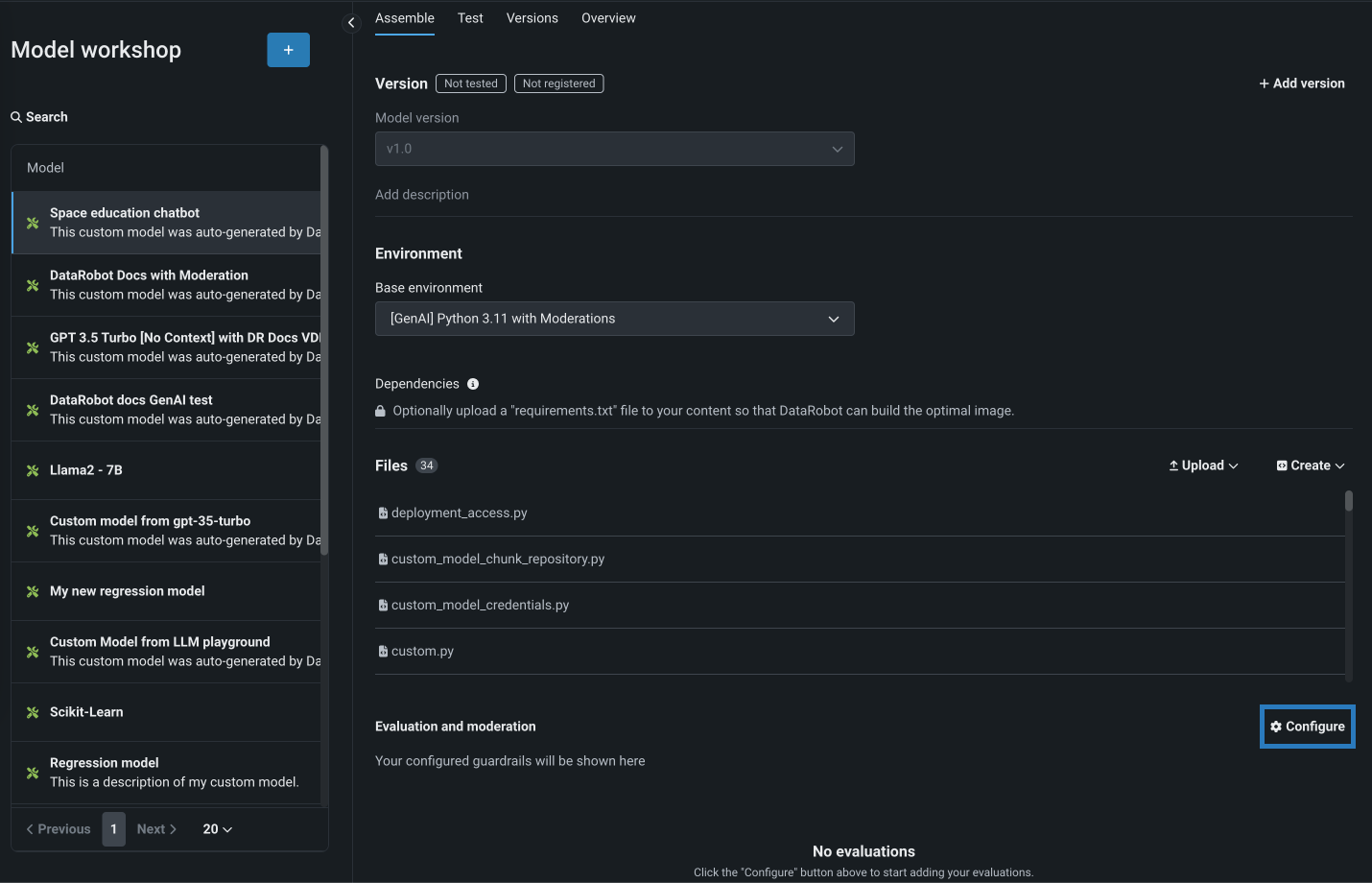 DataRobot model workshop UI