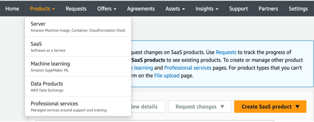 Screenshot of AWS Marketplace Portal Product Types Menu
