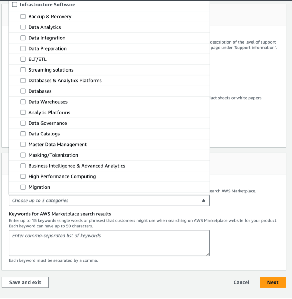 Screenshot of AWS Marketplace Product offering categories and keywords selection for SaaS product types
