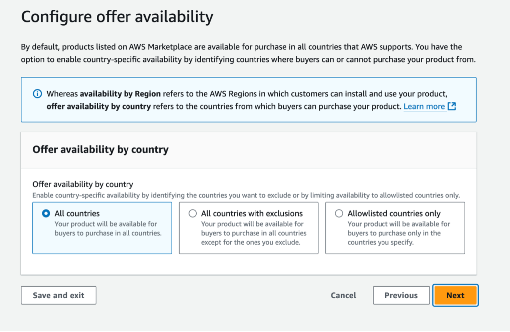 Screenshot of Offer availability for SaaS product types