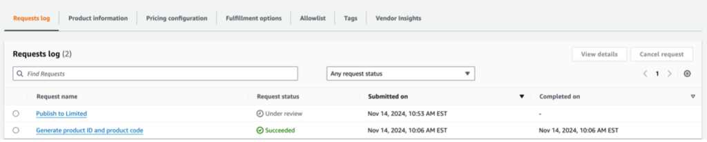 Screenshot of tracking the product publishing request for SaaS product types