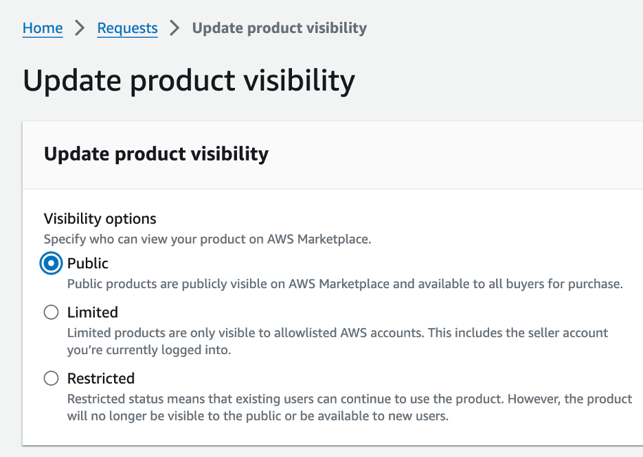 Screenshot of update product visibility for SaaS product types