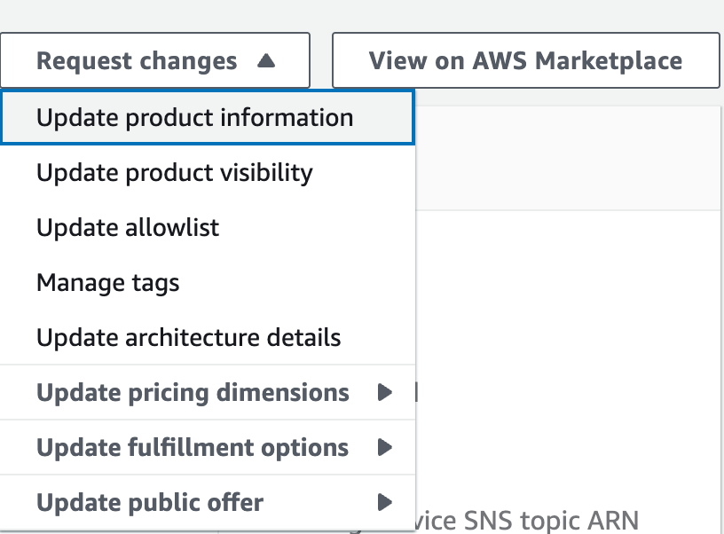 AWS Marketplace seller interface with dropdown menu for product updates, pricing, fulfillment, and public offer settings