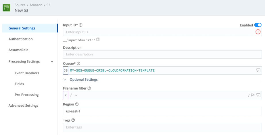 Image of Cribl Cloud source configuration to integrate with an Amazon S3 bucket