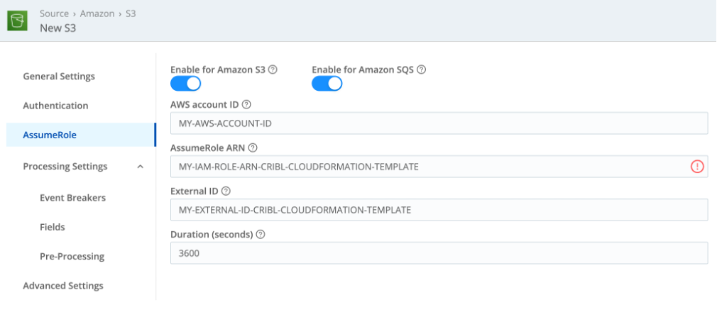 Image of the AssumeRole configuration for the Amazon S3 integration of Cribl Cloud