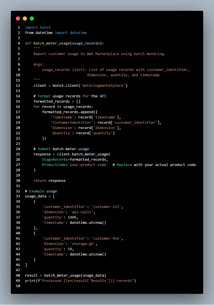 AWS Marketplace Metering ServiceバッチAPIを使用して顧客の使用量を報告するコードスニペット例