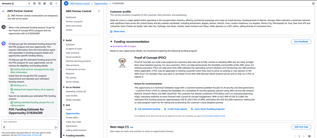 Funding recommendation displayed by the partner central agent