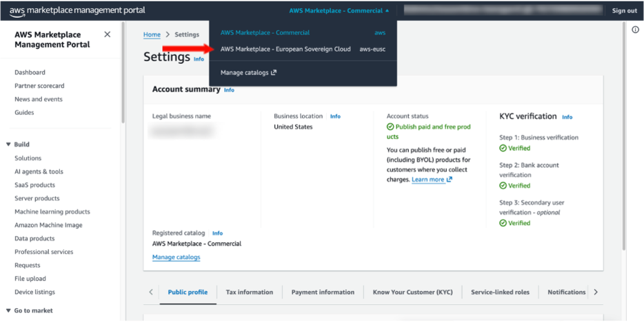 Image contains a screenshot of the AWS Marketplace Management Portal in the ESC Settings page with the catalog selector dropdown open, showing Commercial and European Sovereign Cloud options.