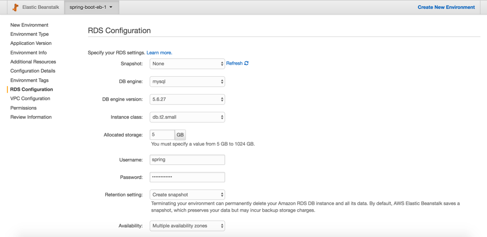 RDS Configuration Screenshot