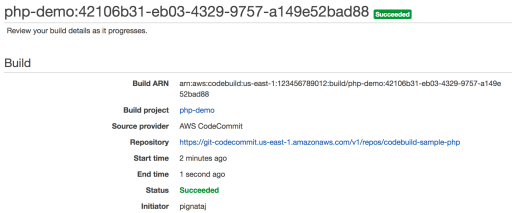 Screenshot of the build output
