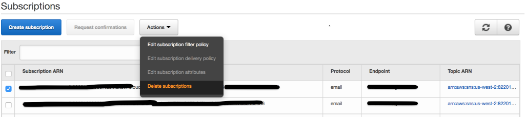 Delete subscription in SNS for sample app