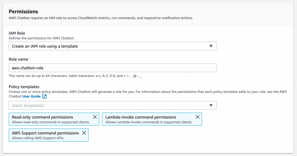 Permissions in AWS Chatbot console