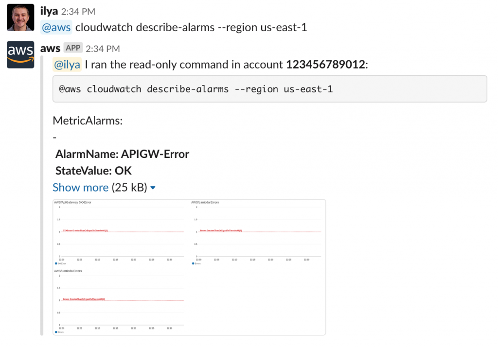 Example of @aws cloudwatch describe-alarm command