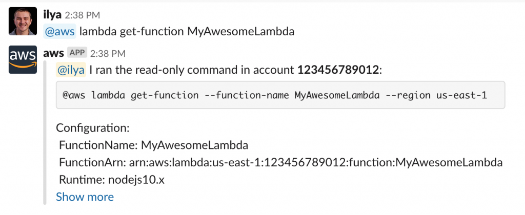 Example of @aws lambda get-function command
