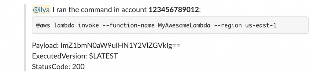 Example of an @aws lambda invoke command.