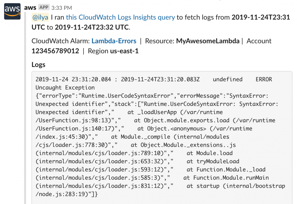 Example of logs returned by the Show logs action.