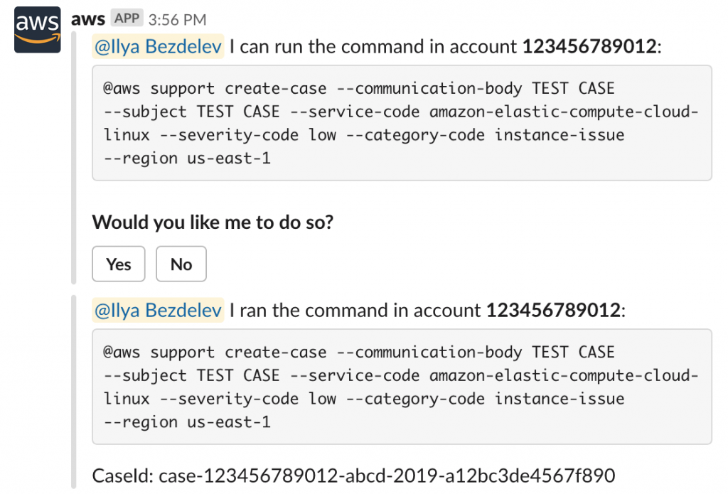 Example of @aws support create-case command.