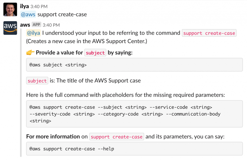 Example of @aws support create-case command.