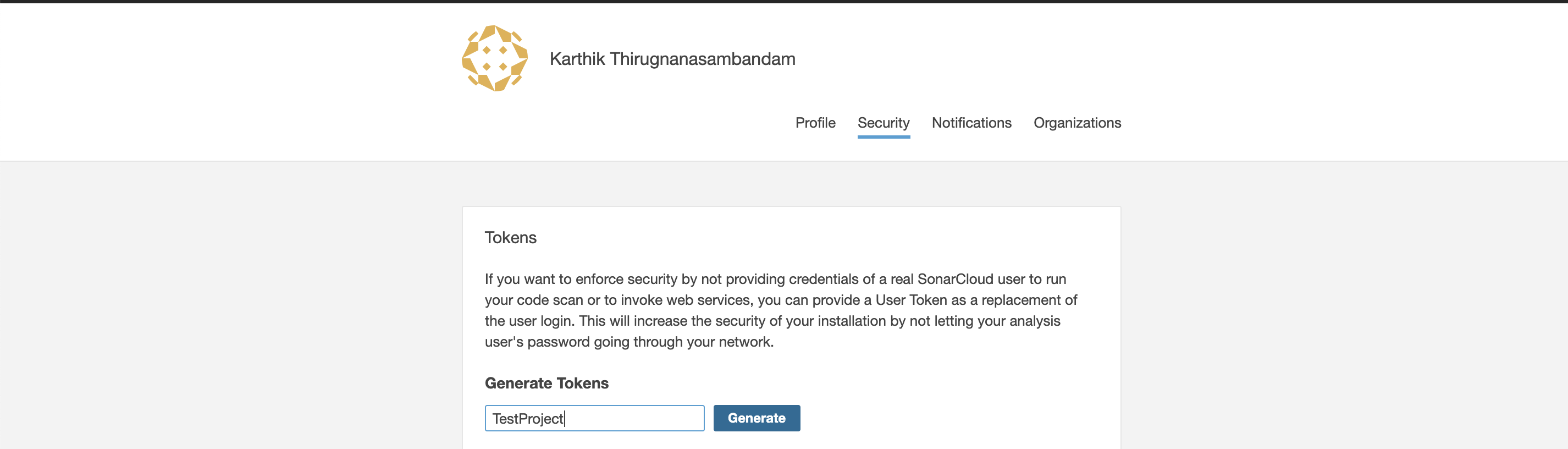security token for Sonarcloud access